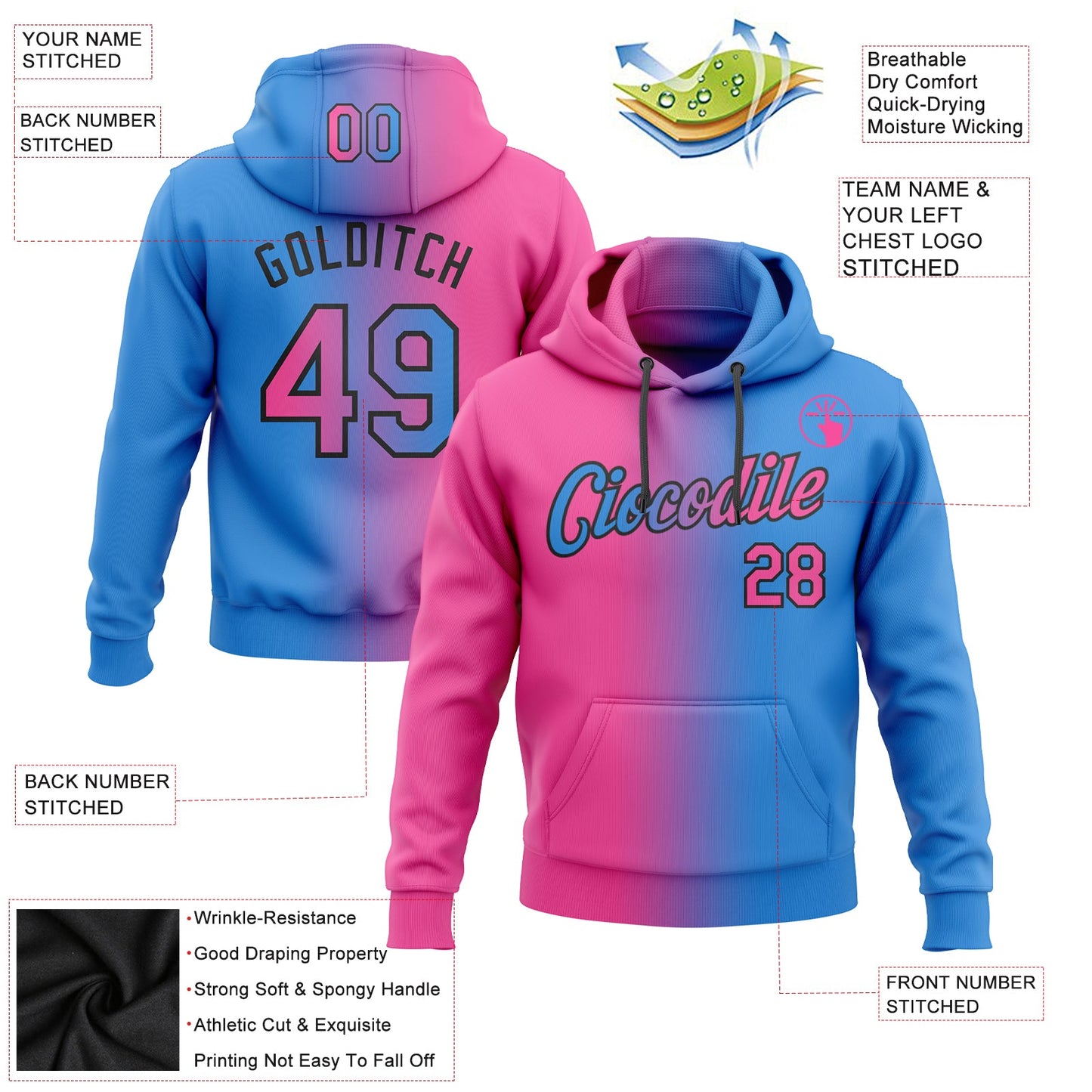 Custom Stitched Powder Blue Pink-Black Gradient Fashion Sports Pullover Sweatshirt Hoodie view 3
