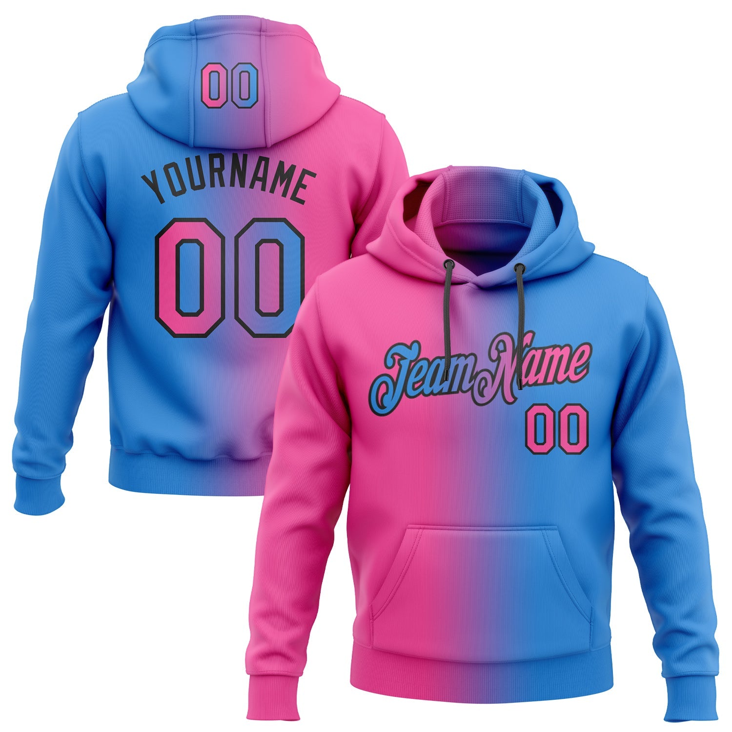 Custom Stitched Powder Blue Pink-Black Gradient Fashion Sports Pullover Sweatshirt Hoodie - Main View