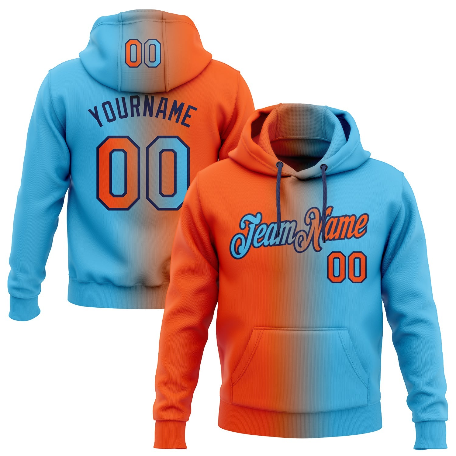 Custom Stitched Sky Blue Orange-Navy Gradient Fashion Sports Pullover Sweatshirt Hoodie - Main View