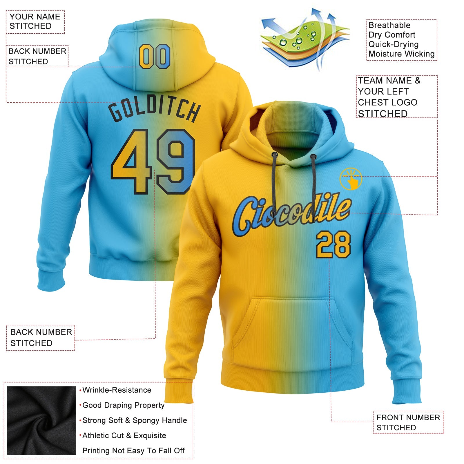 Custom Stitched Sky Blue Gold-Black Gradient Fashion Sports Pullover Sweatshirt Hoodie view 2