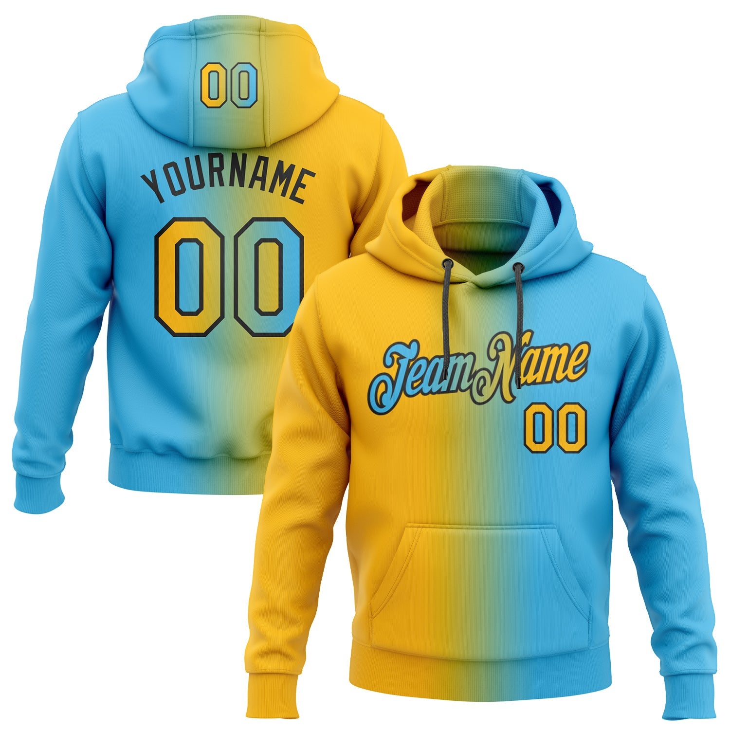 Custom Stitched Sky Blue Gold-Black Gradient Fashion Sports Pullover Sweatshirt Hoodie - Main View