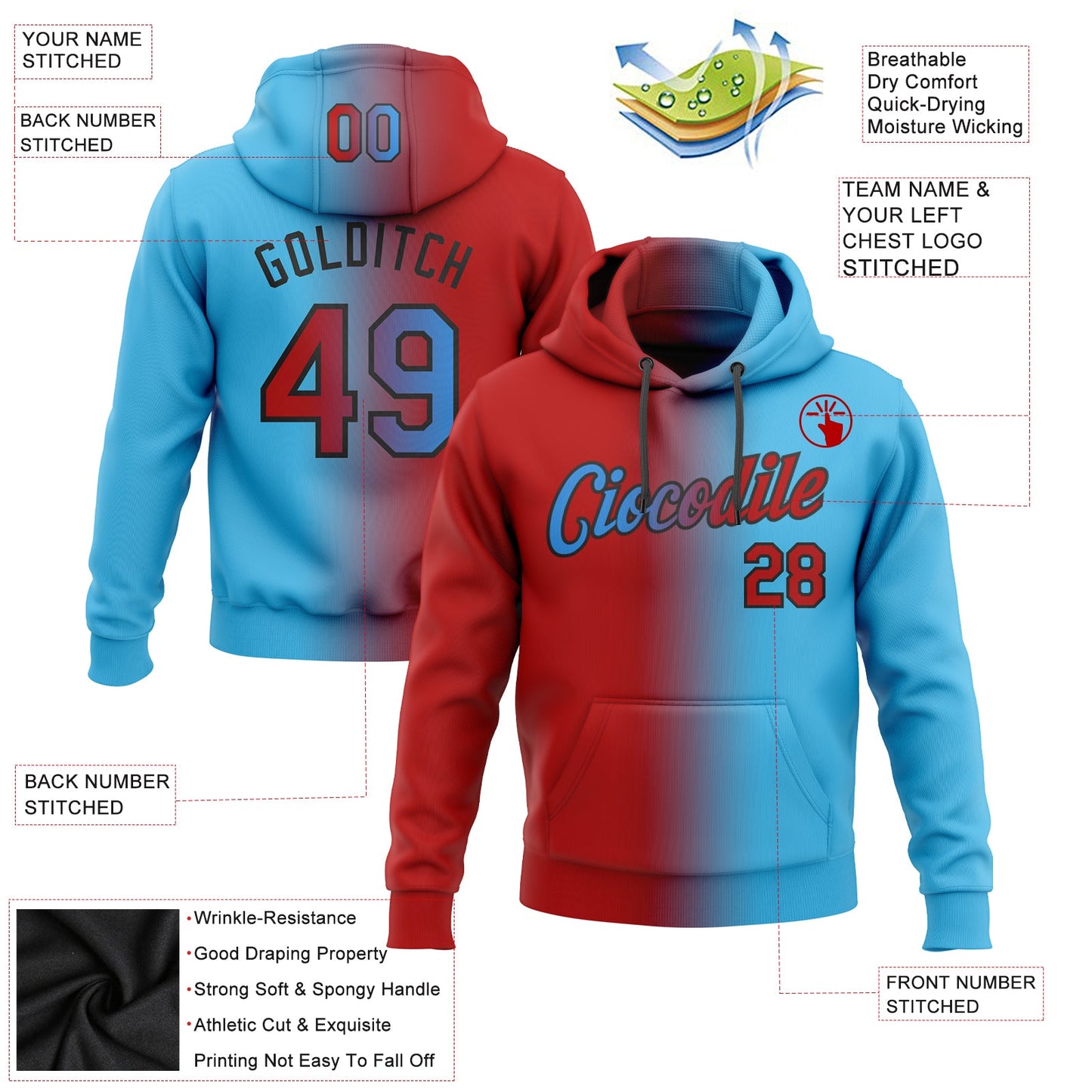 Custom Stitched Sky Blue Red-Black Gradient Fashion Sports Pullover Sweatshirt Hoodie view 2