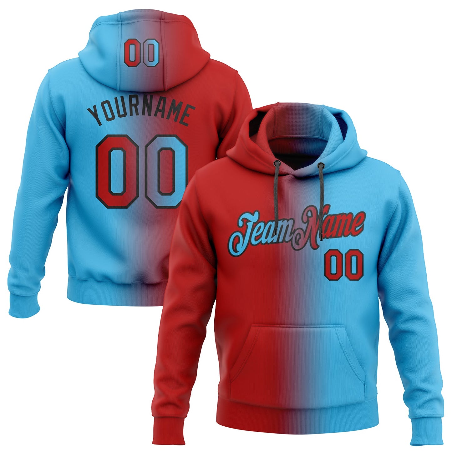 Custom Stitched Sky Blue Red-Black Gradient Fashion Sports Pullover Sweatshirt Hoodie - Main View