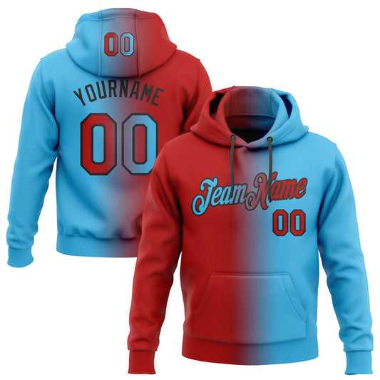 Custom Stitched Sky Blue Red-Black Gradient Fashion Sports Pullover Sweatshirt Hoodie - Main View