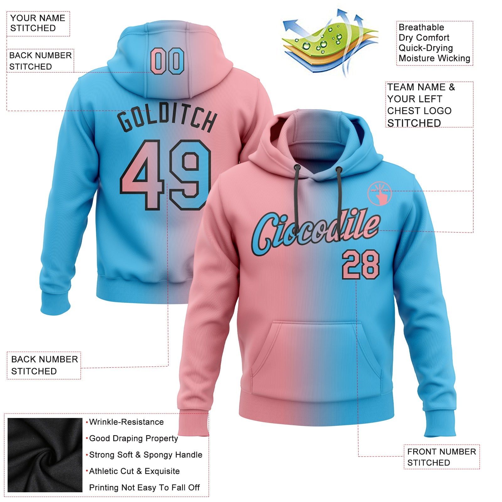 Custom Stitched Sky Blue Medium Pink-Black Gradient Fashion Sports Pullover Sweatshirt Hoodie view 2