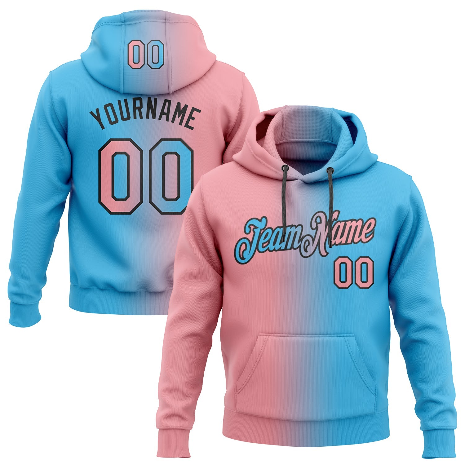 Custom Stitched Sky Blue Medium Pink-Black Gradient Fashion Sports Pullover Sweatshirt Hoodie - Main View