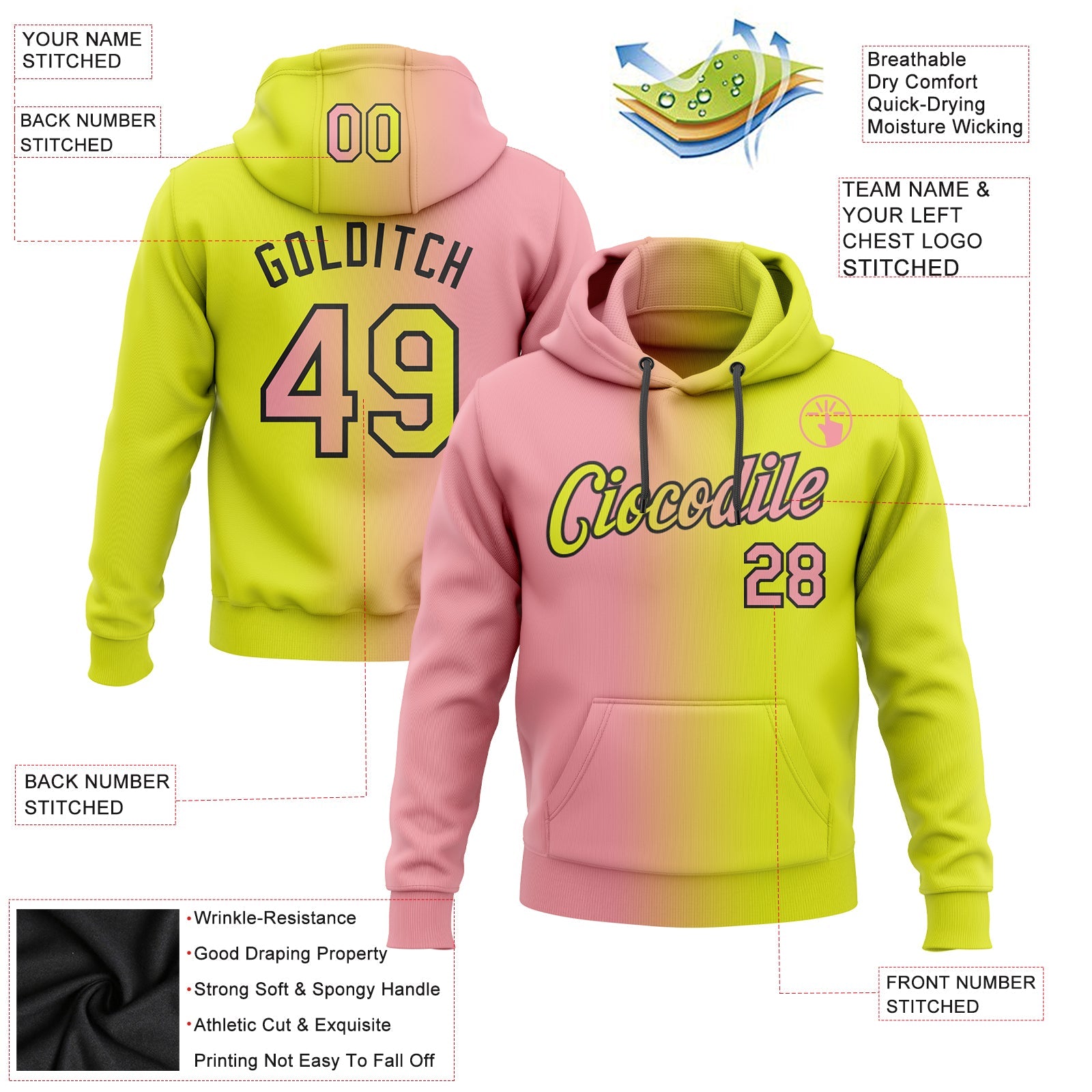 Custom Stitched Neon Yellow Medium Pink-Black Gradient Fashion Sports Pullover Sweatshirt Hoodie view 2