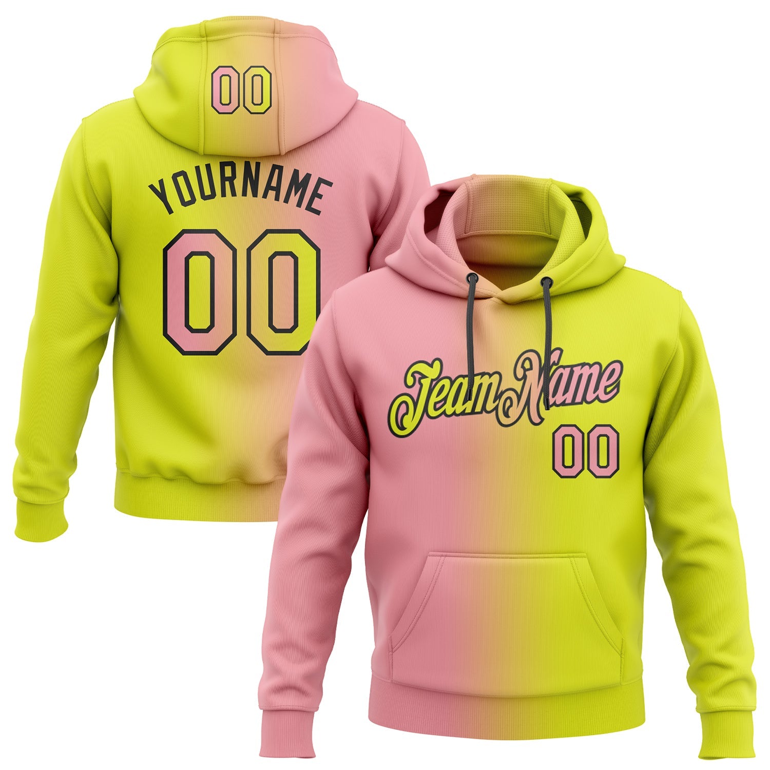 Custom Stitched Neon Yellow Medium Pink-Black Gradient Fashion Sports Pullover Sweatshirt Hoodie - Main View