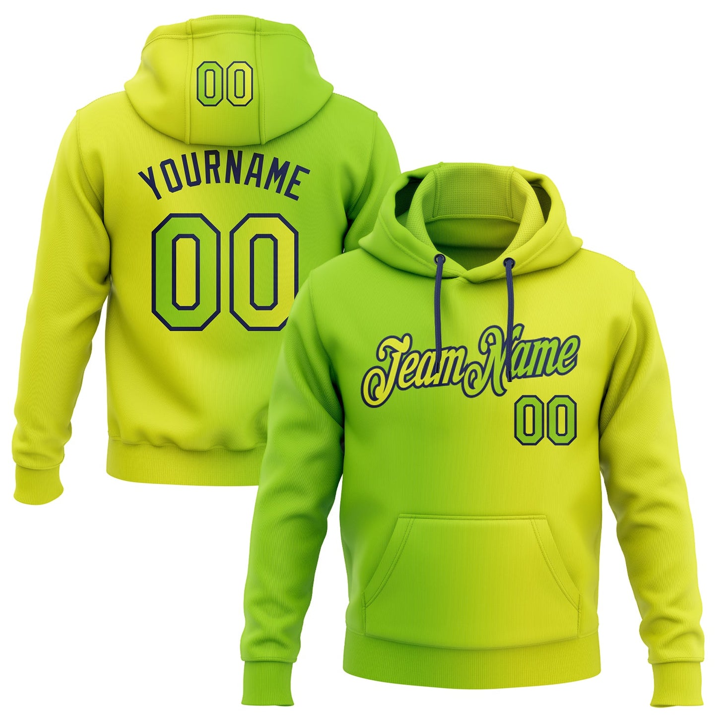Custom Stitched Neon Yellow Neon Green-Navy Gradient Fashion Sports Pullover Sweatshirt Hoodie - Main View