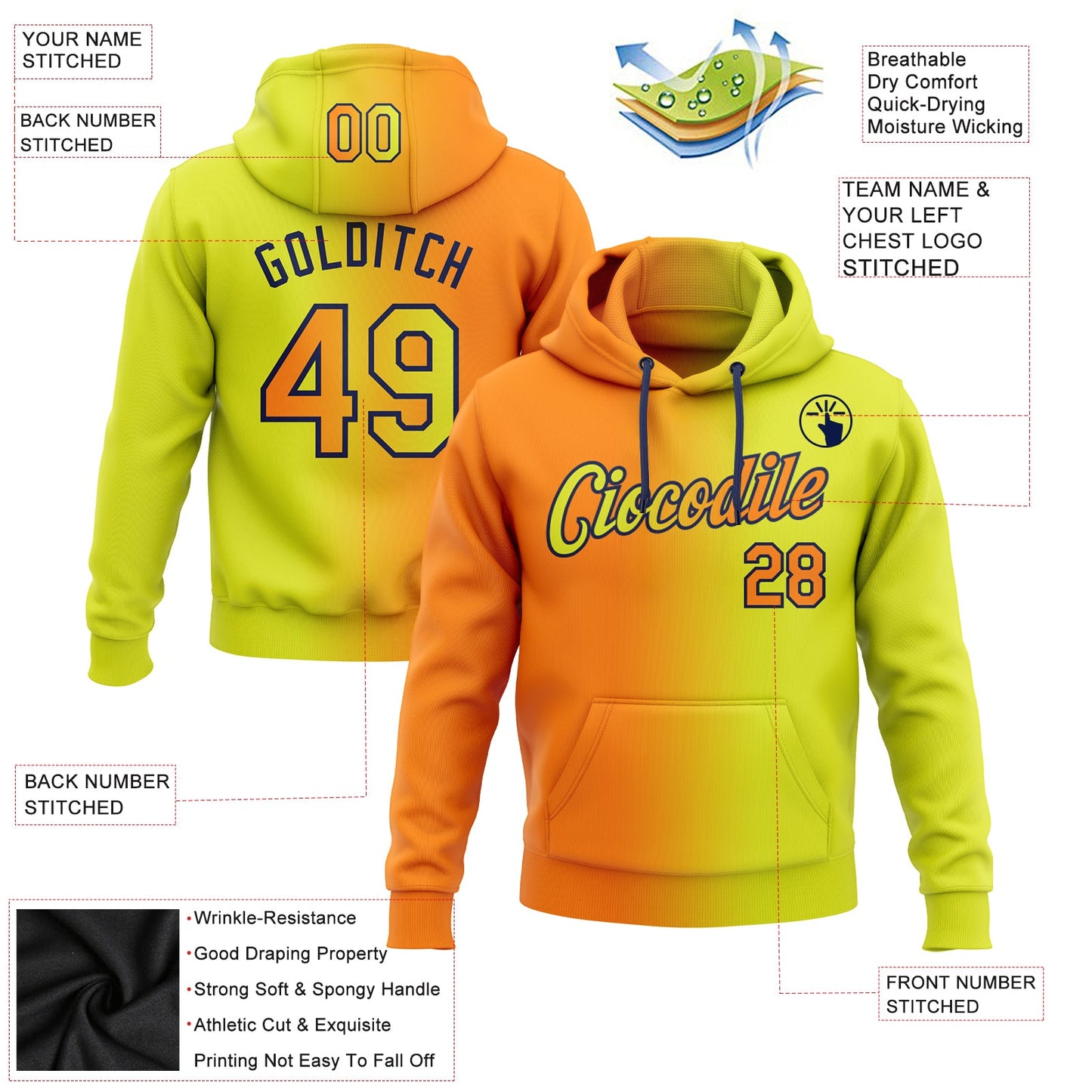 Custom Stitched Neon Yellow Bay Orange-Navy Gradient Fashion Sports Pullover Sweatshirt Hoodie view 2