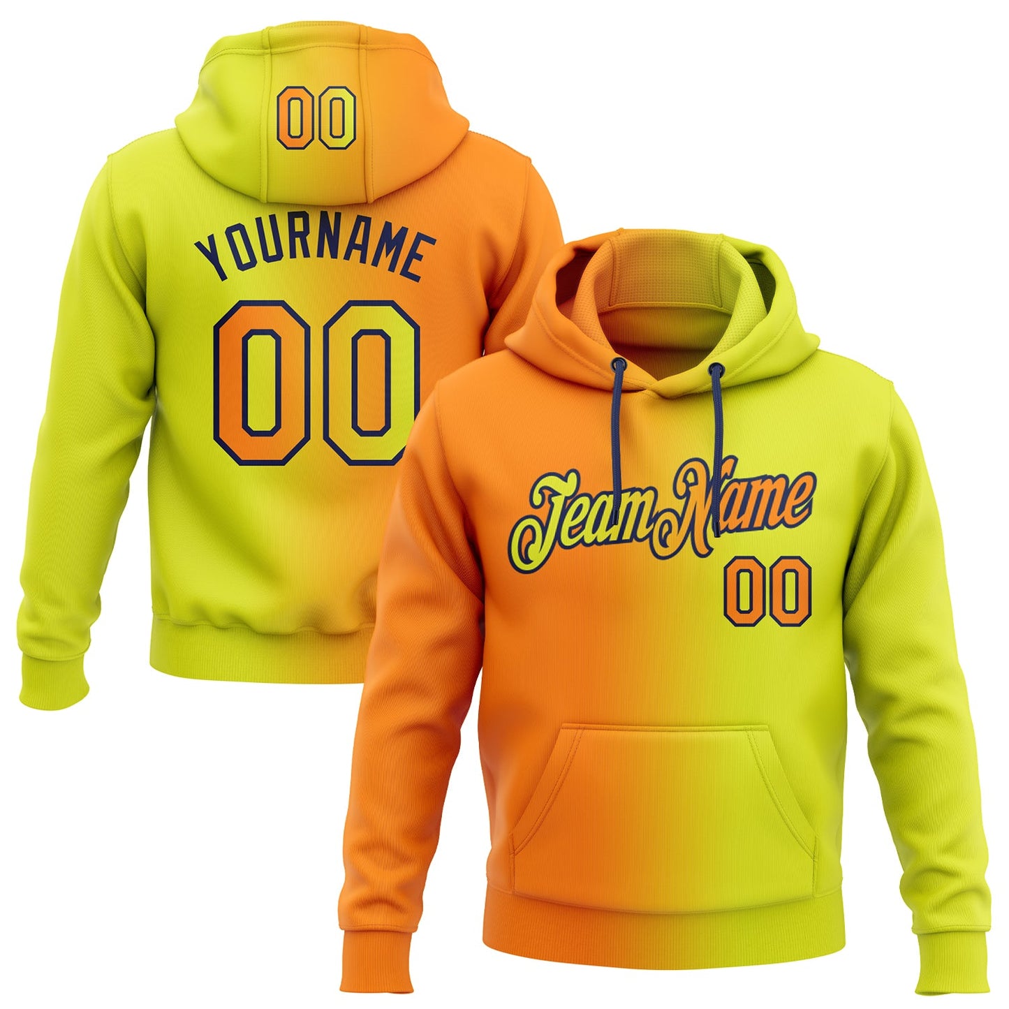 Custom Stitched Neon Yellow Bay Orange-Navy Gradient Fashion Sports Pullover Sweatshirt Hoodie - Main View