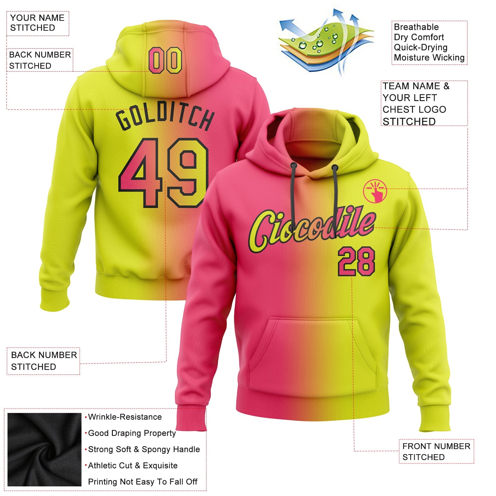 Custom Stitched Neon Yellow Neon Pink-Black Gradient Fashion Sports Pullover Sweatshirt Hoodie view 2