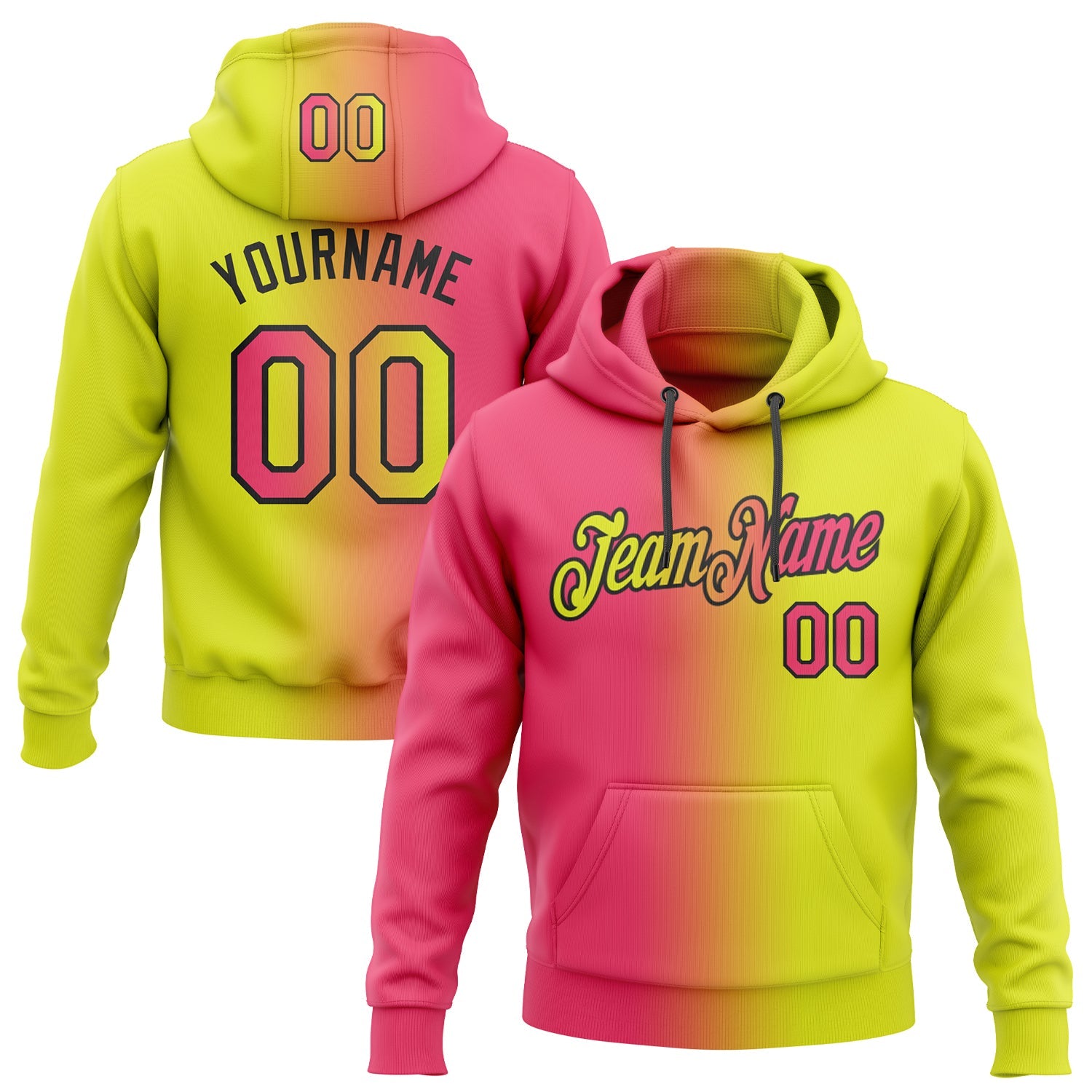 Custom Stitched Neon Yellow Neon Pink-Black Gradient Fashion Sports Pullover Sweatshirt Hoodie - Main View