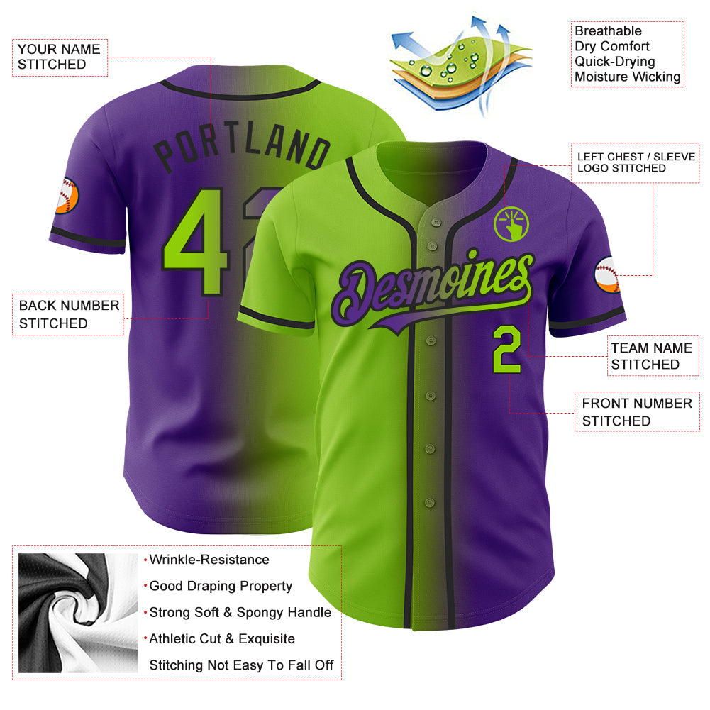 Custom Purple Neon Green-Black Authentic Gradient Fashion Baseball Jersey view 3
