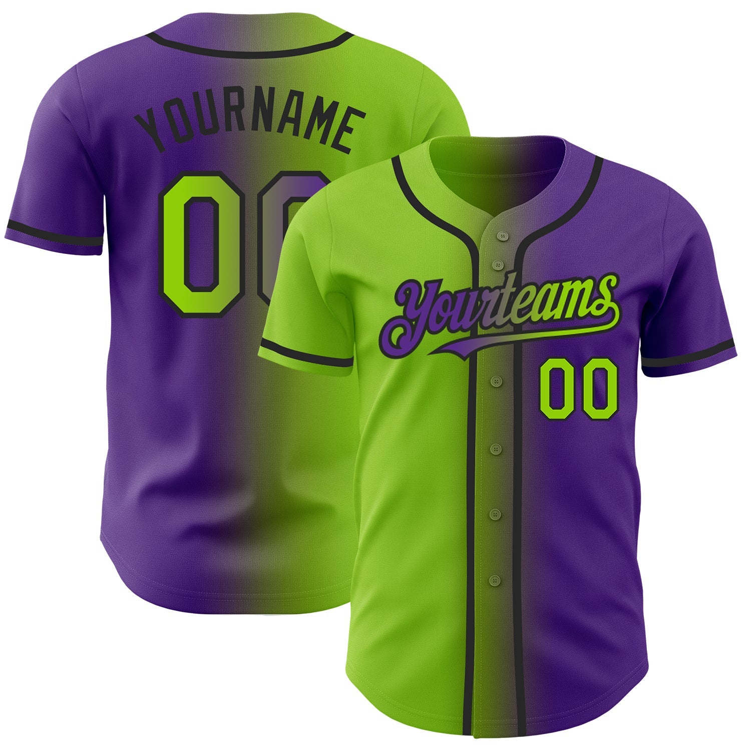 Custom Purple Neon Green-Black Authentic Gradient Fashion Baseball Jersey - Main View