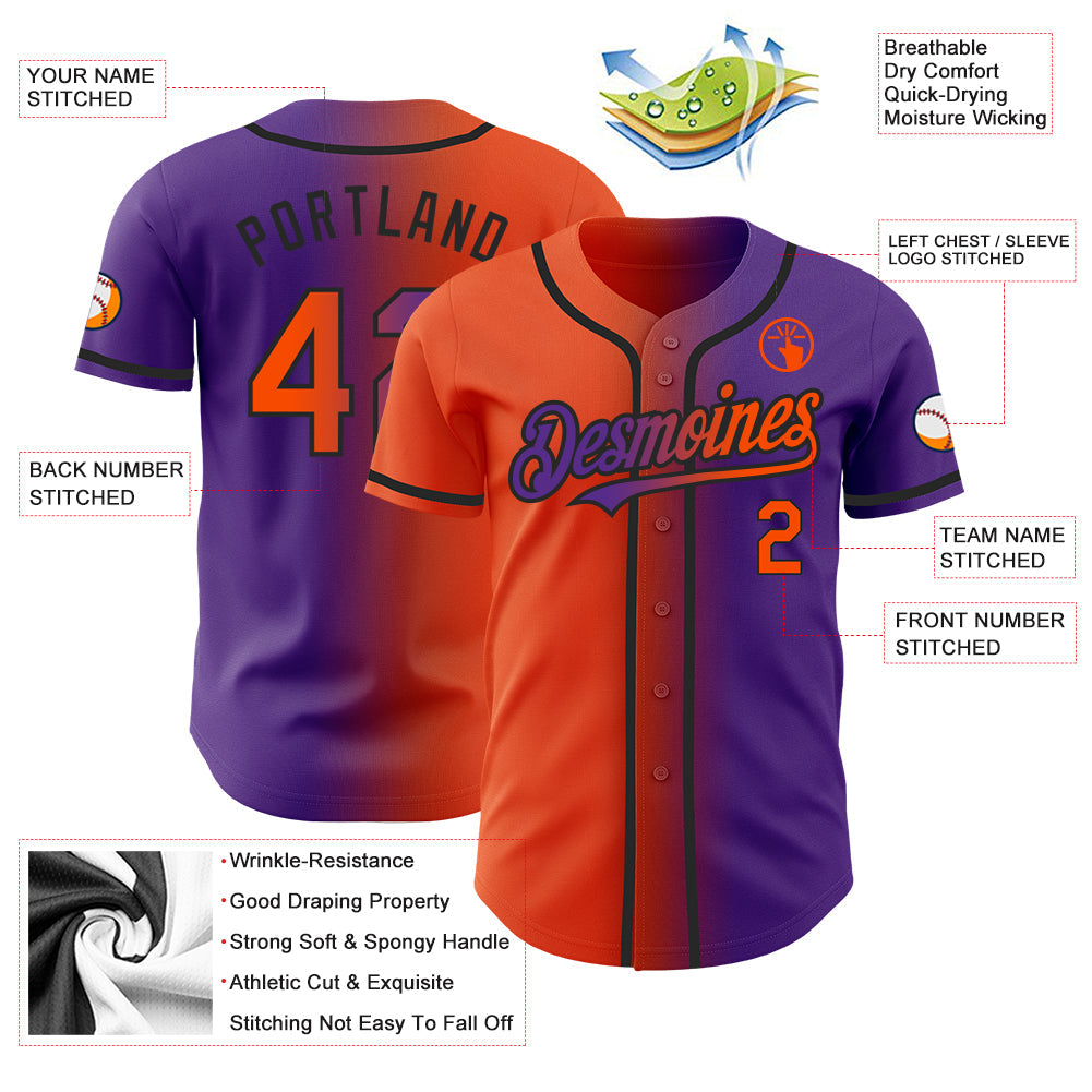 Custom Purple Orange-Black Authentic Gradient Fashion Baseball Jersey view 4