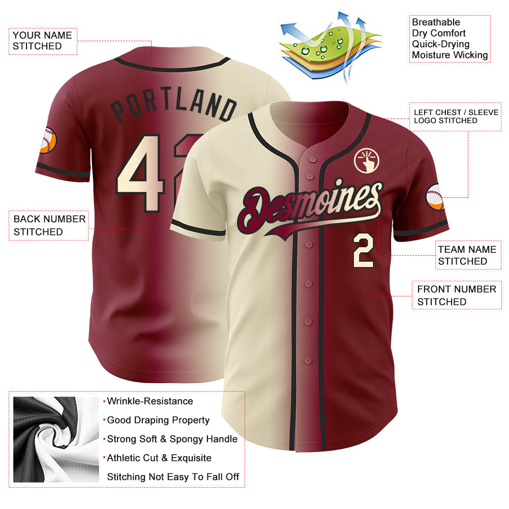 Custom Maroon Cream-Black Authentic Gradient Fashion Baseball Jersey view 3