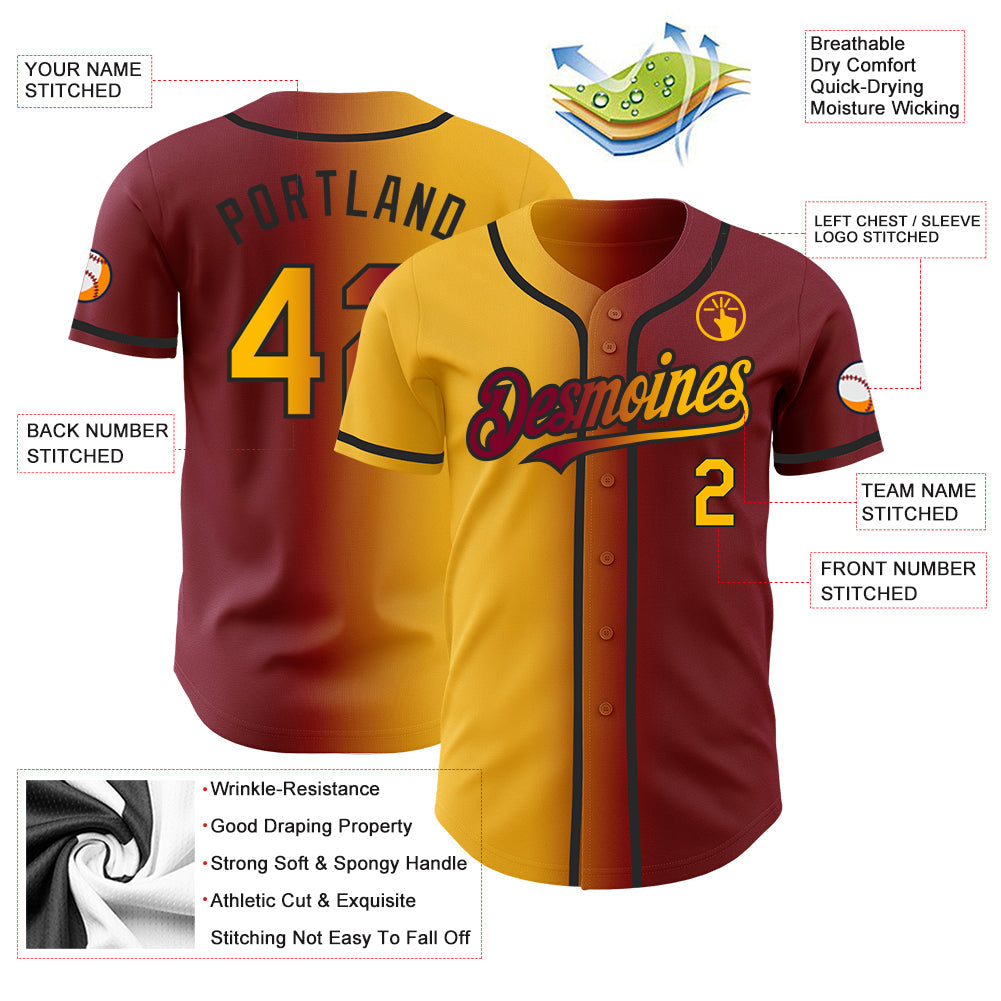 Custom Maroon Gold-Black Authentic Gradient Fashion Baseball Jersey view 4