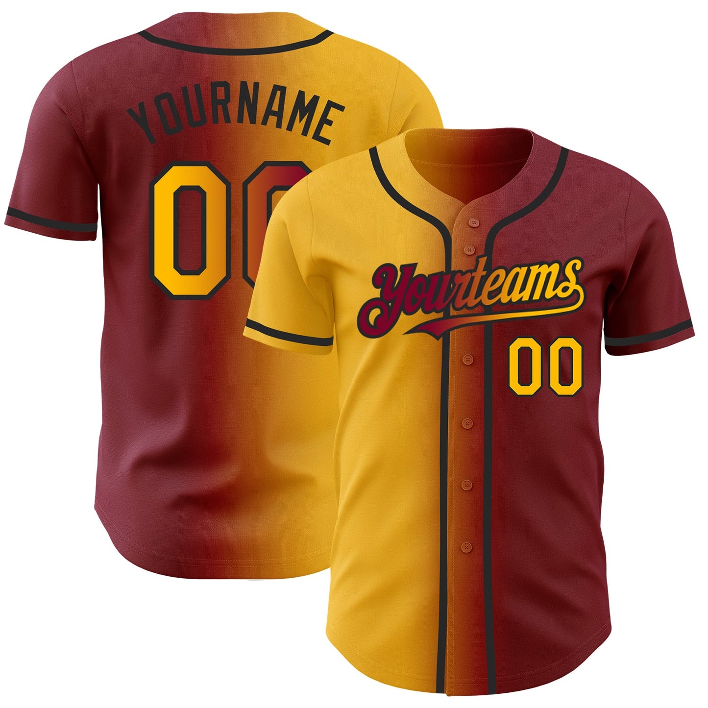 Custom Maroon Gold-Black Authentic Gradient Fashion Baseball Jersey - Main View