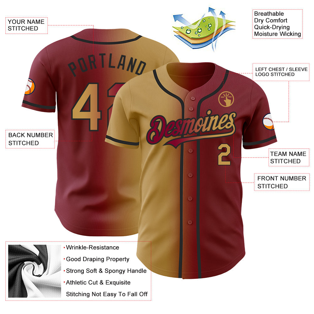 Custom Maroon Old Gold-Black Authentic Gradient Fashion Baseball Jersey view 3