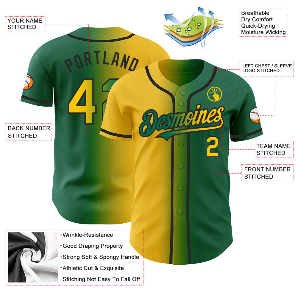 Custom Kelly Green Yellow-Black Authentic Gradient Fashion Baseball Jersey view 3
