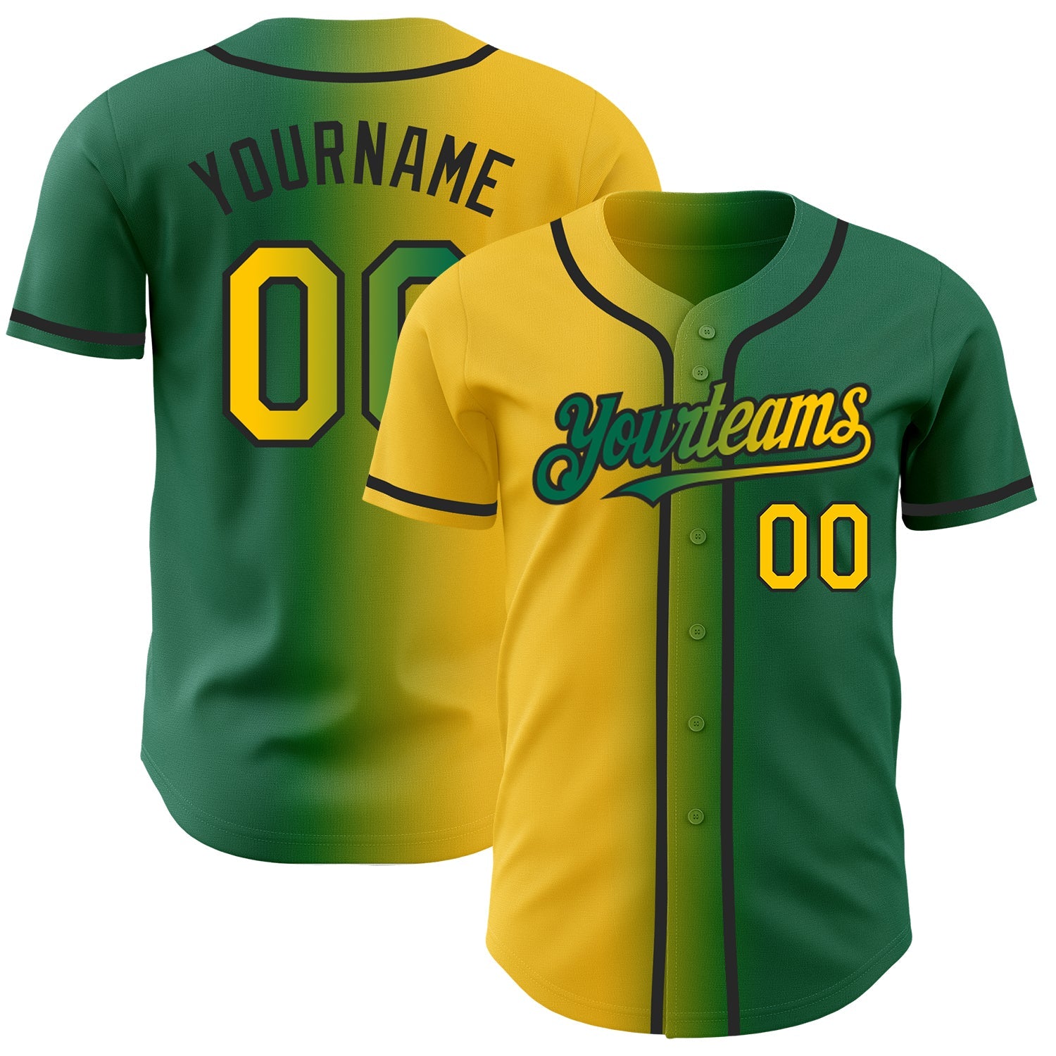 Custom Kelly Green Yellow-Black Authentic Gradient Fashion Baseball Jersey - Main View