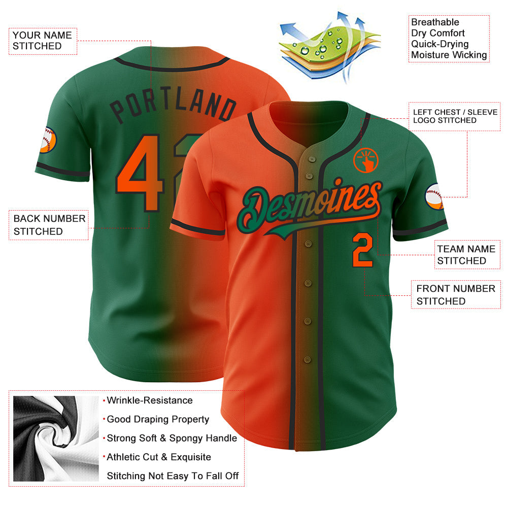 Custom Kelly Green Orange-Black Authentic Gradient Fashion Baseball Jersey view 3