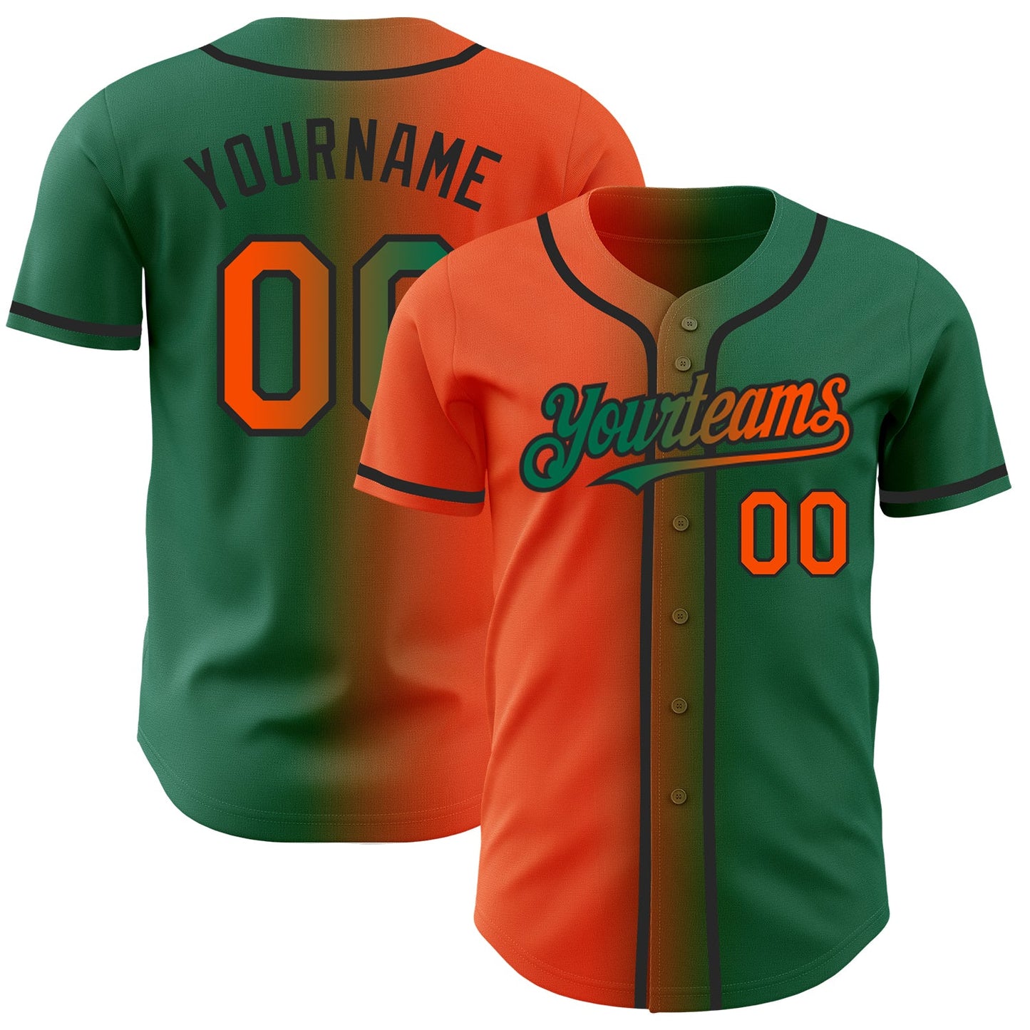 Custom Kelly Green Orange-Black Authentic Gradient Fashion Baseball Jersey - Main View
