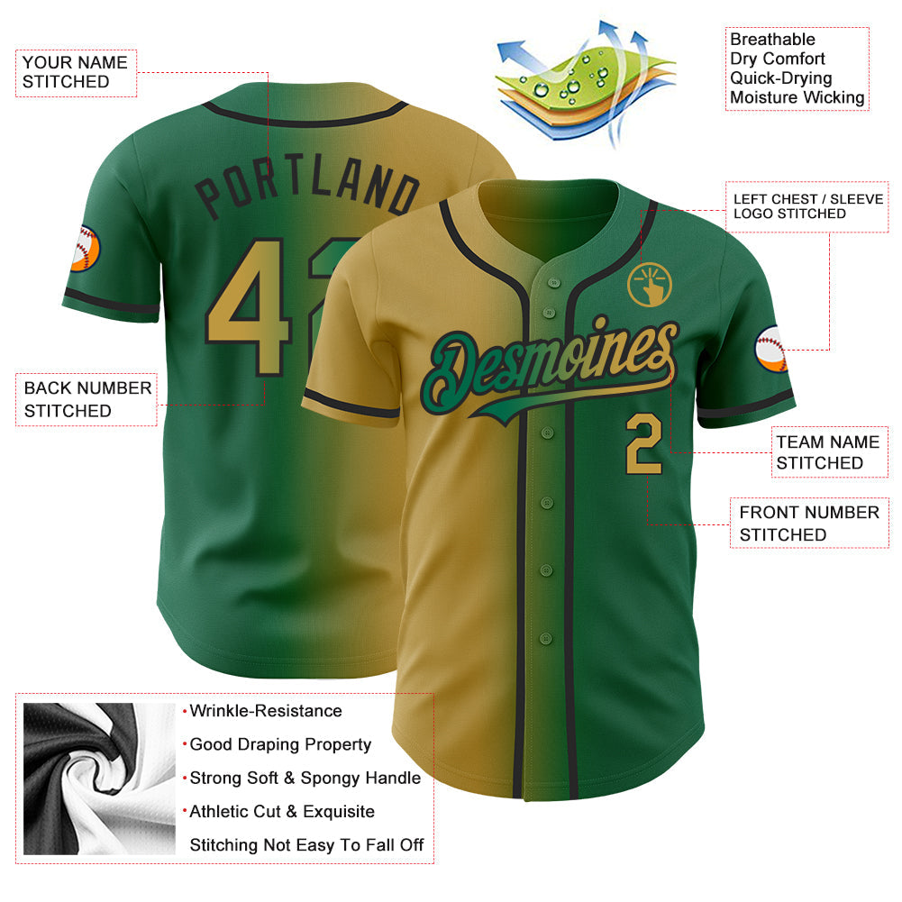 Custom Kelly Green Old Gold-Black Authentic Gradient Fashion Baseball Jersey view 3