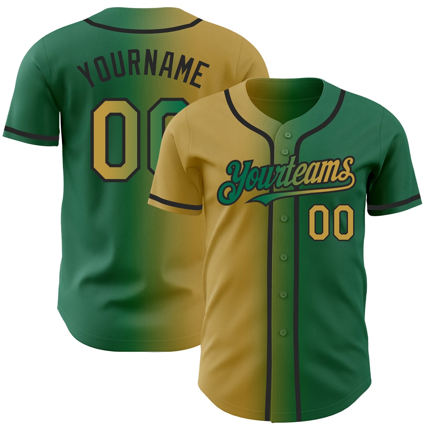 Custom Kelly Green Old Gold-Black Authentic Gradient Fashion Baseball Jersey - Main View