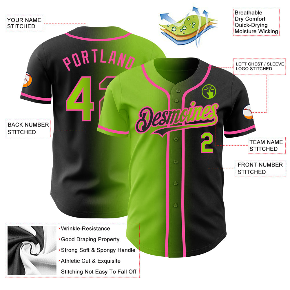 Custom Black Neon Green-Pink Authentic Gradient Fashion Baseball Jersey view 3