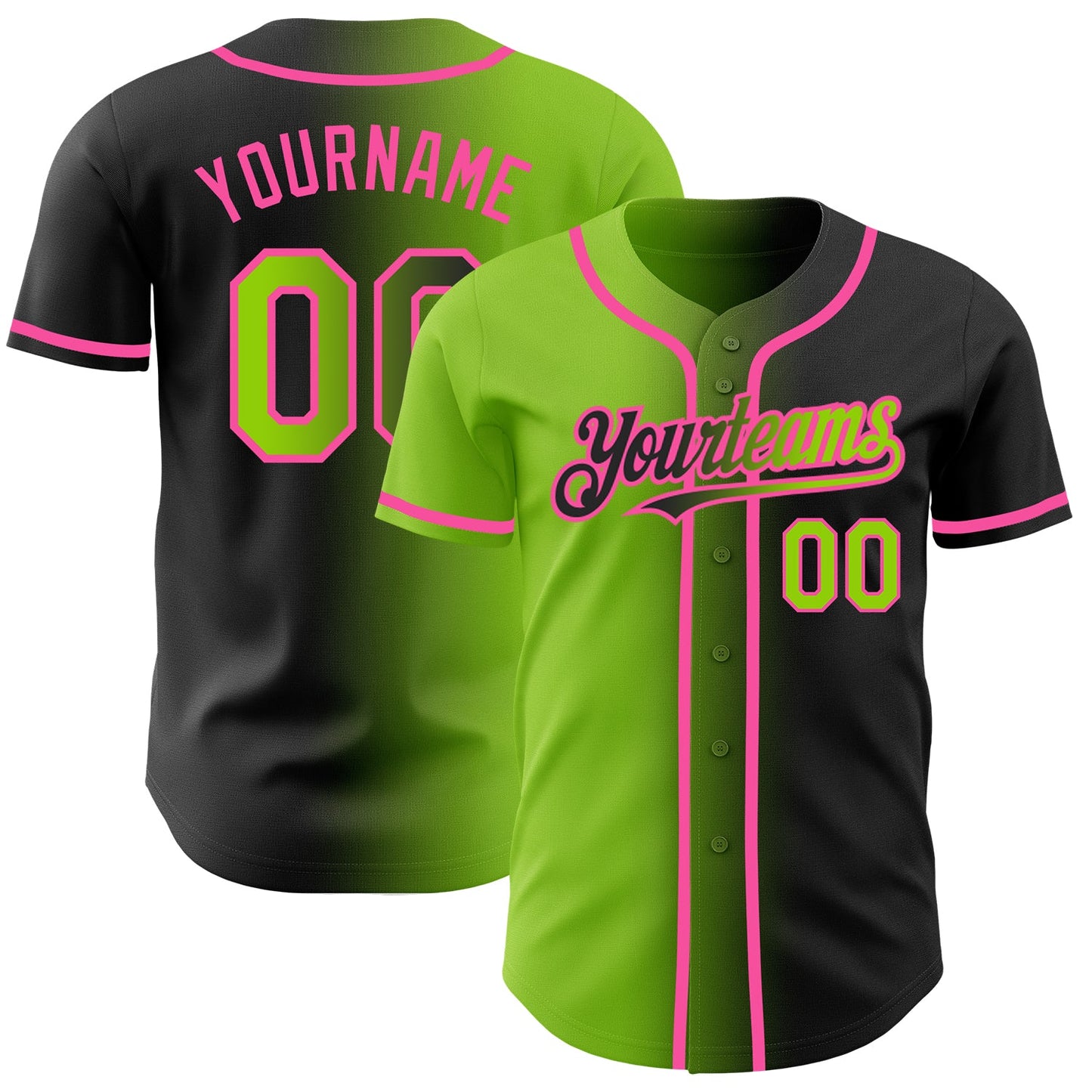 Custom Black Neon Green-Pink Authentic Gradient Fashion Baseball Jersey - Main View