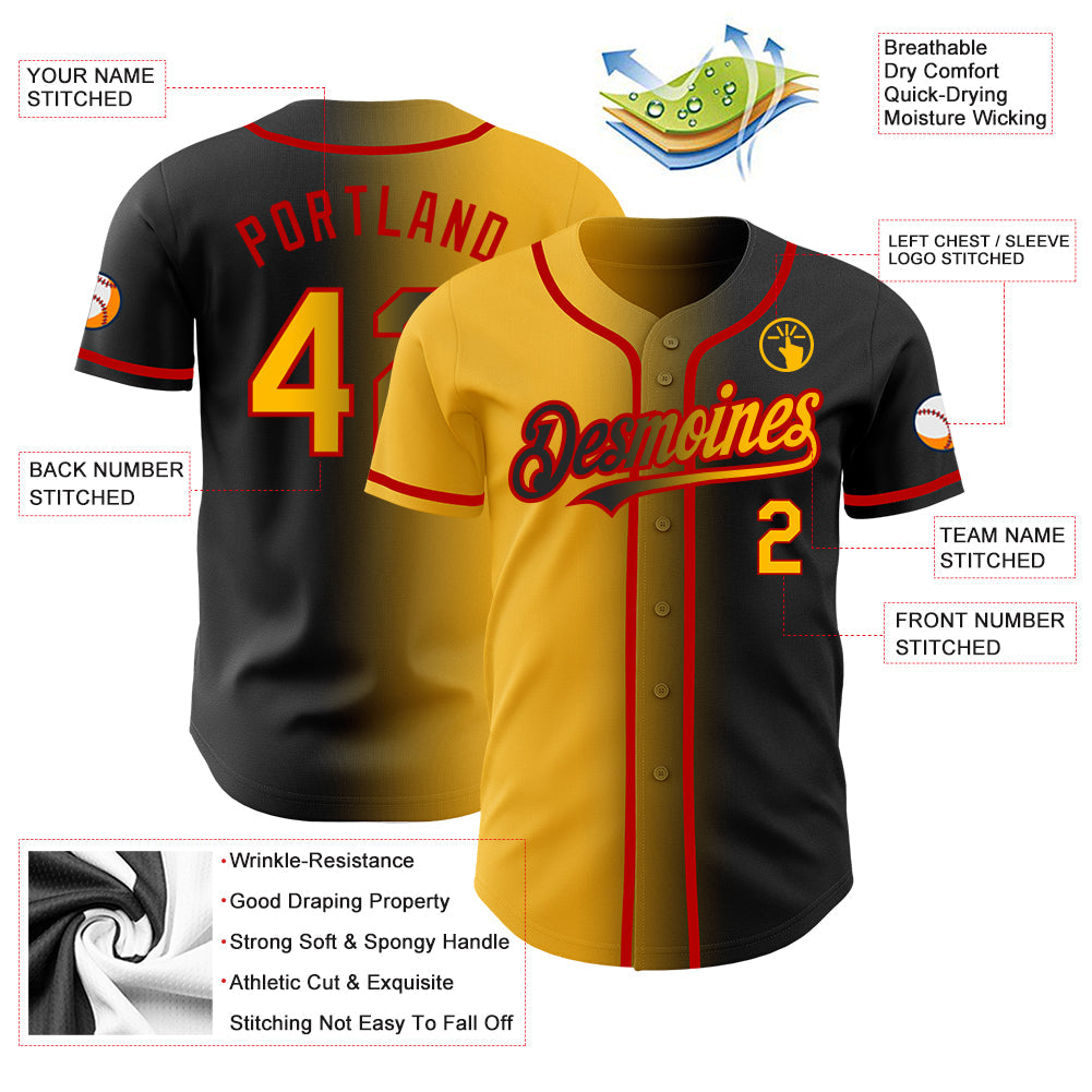 Custom Black Gold-Red Authentic Gradient Fashion Baseball Jersey view 3