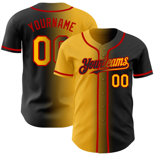 Custom Black Gold-Red Authentic Gradient Fashion Baseball Jersey - Main View