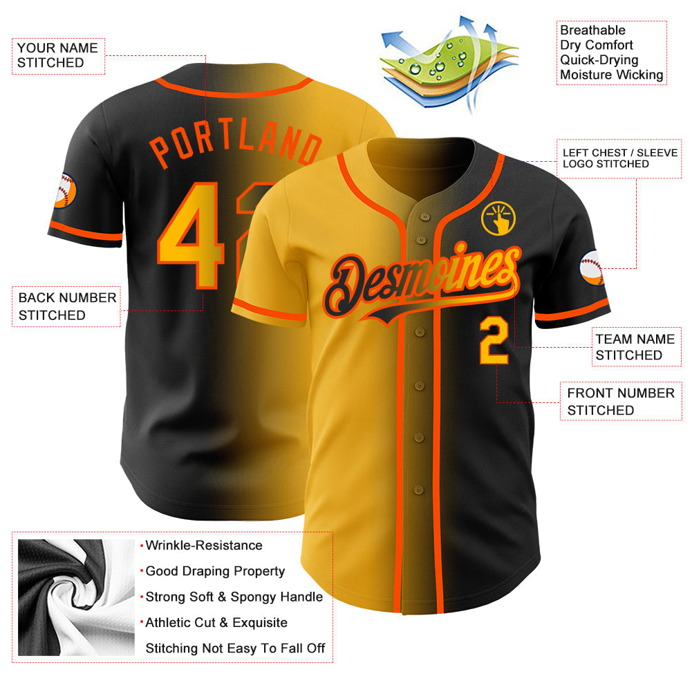 Custom Black Gold-Orange Authentic Gradient Fashion Baseball Jersey view 3