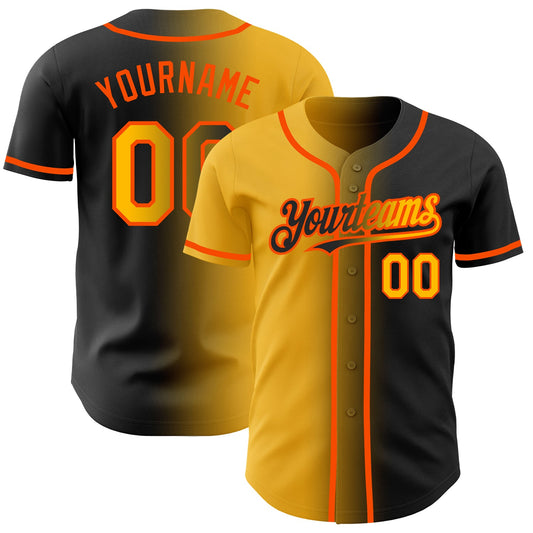 Custom Black Gold-Orange Authentic Gradient Fashion Baseball Jersey - Main View