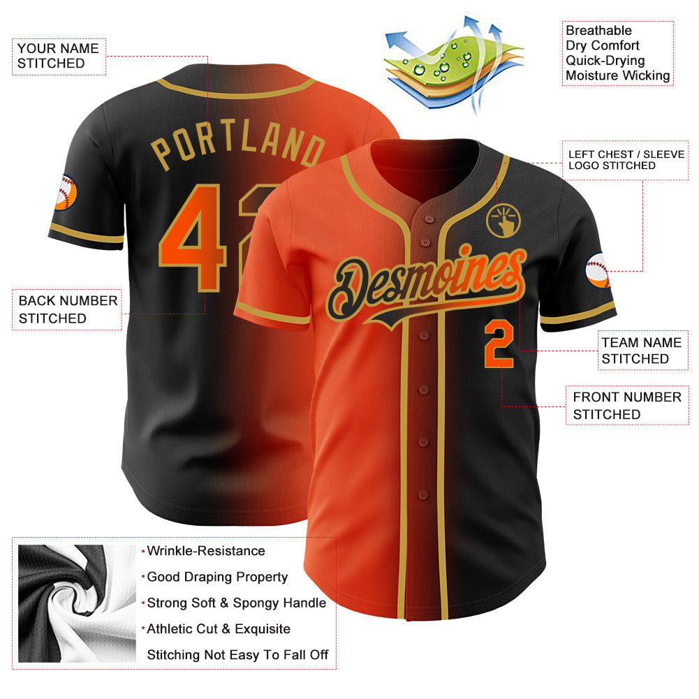 Custom Black Orange-Old Gold Authentic Gradient Fashion Baseball Jersey view 3