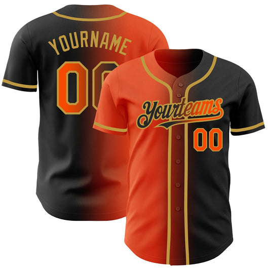 Custom Black Orange-Old Gold Authentic Gradient Fashion Baseball Jersey - Main View