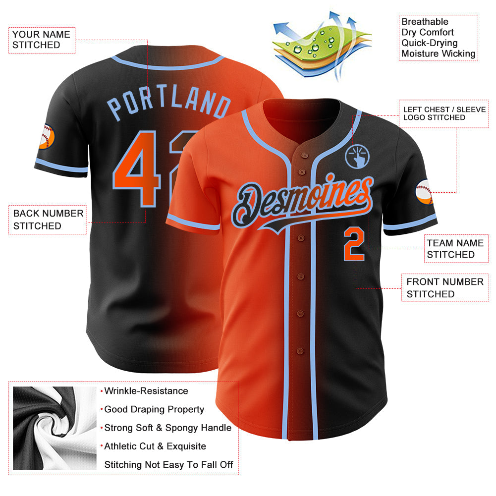 Custom Black Orange-Light Blue Authentic Gradient Fashion Baseball Jersey view 3