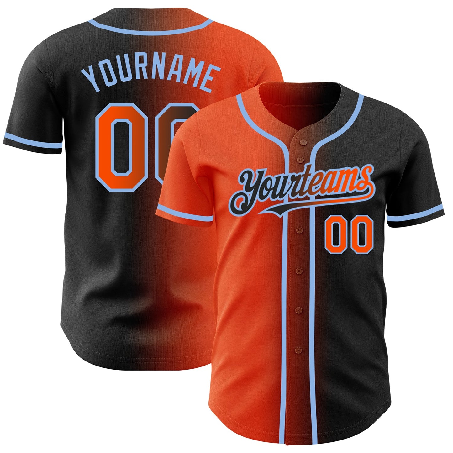 Custom Black Orange-Light Blue Authentic Gradient Fashion Baseball Jersey - Main View