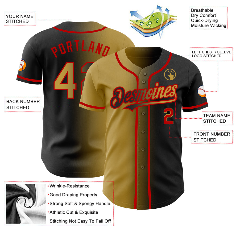 Custom Black Old Gold-Red Authentic Gradient Fashion Baseball Jersey view 3