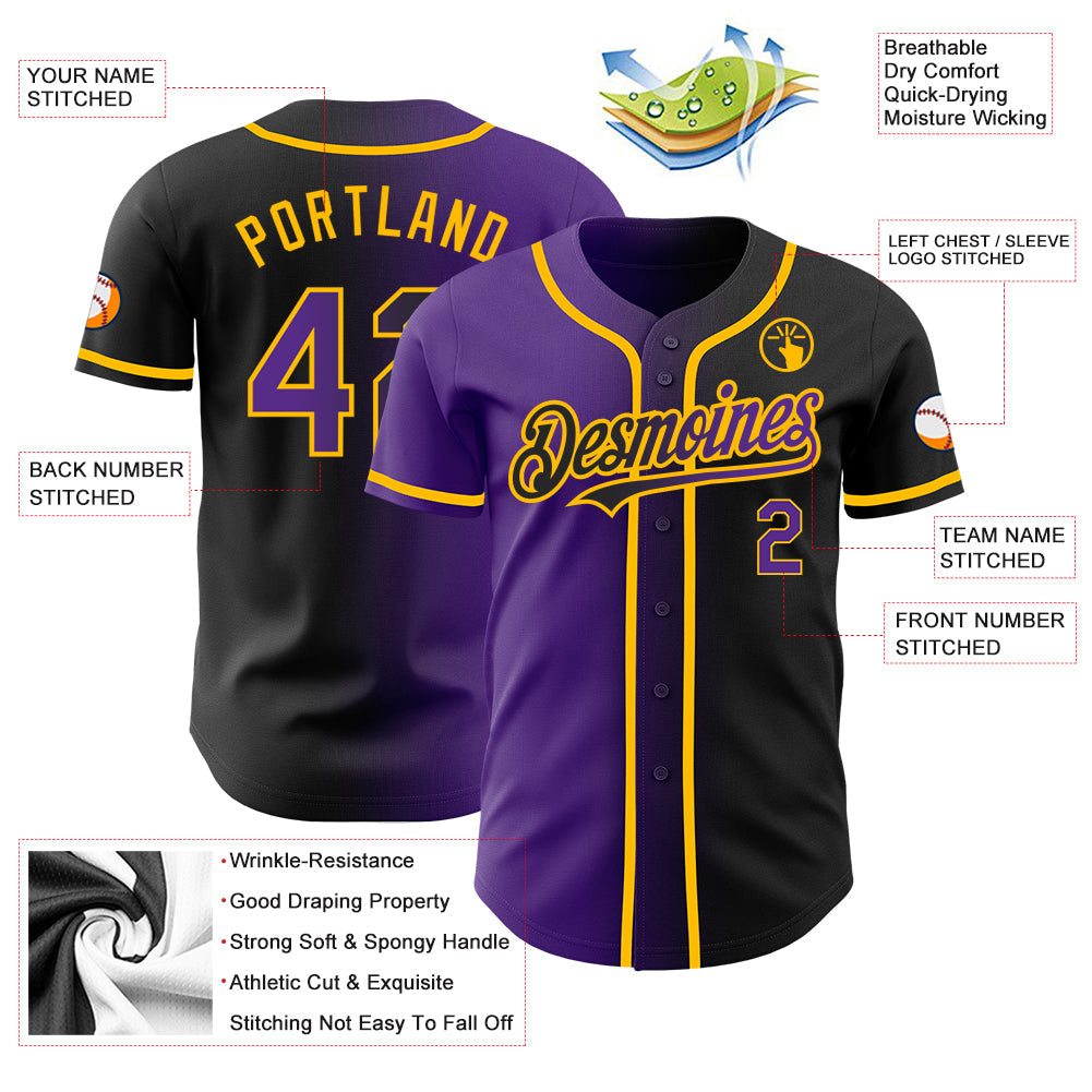 Custom Black Purple-Gold Authentic Gradient Fashion Baseball Jersey view 3