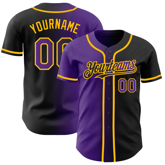 Custom Black Purple-Gold Authentic Gradient Fashion Baseball Jersey - Main View