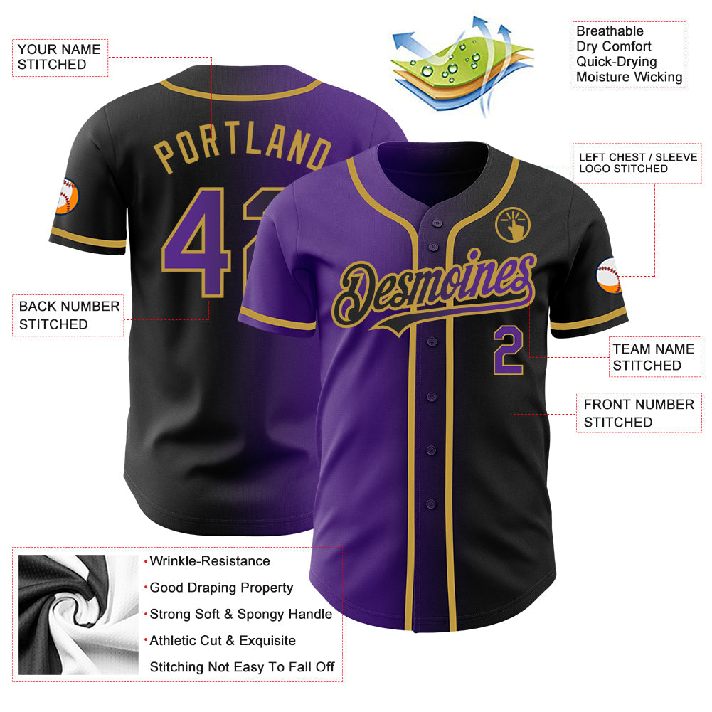 Custom Black Purple-Old Gold Authentic Gradient Fashion Baseball Jersey view 3