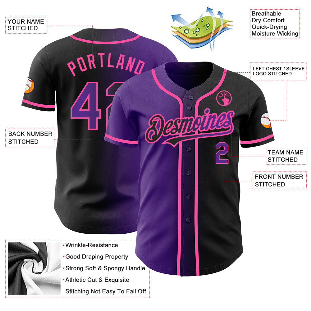Custom Black Purple-Pink Authentic Gradient Fashion Baseball Jersey view 3