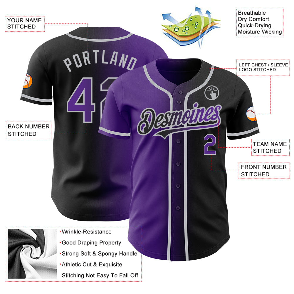 Custom Black Purple-Gray Authentic Gradient Fashion Baseball Jersey view 3