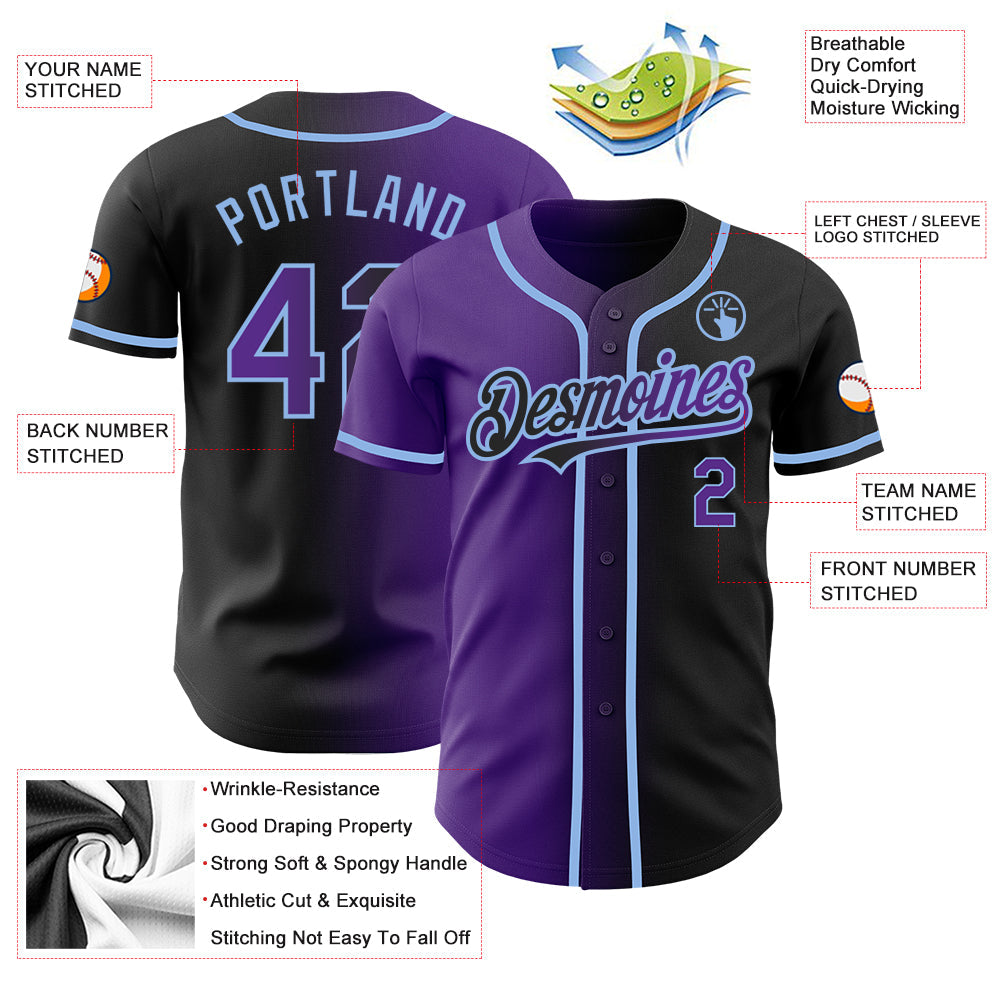 Custom Black Purple-Light Blue Authentic Gradient Fashion Baseball Jersey view 3