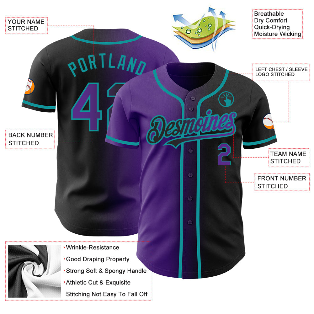 Custom Black Purple-Teal Authentic Gradient Fashion Baseball Jersey view 3