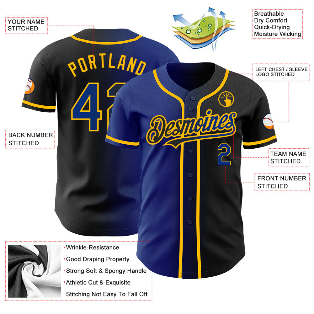 Custom Black Royal-Gold Authentic Gradient Fashion Baseball Jersey view 3