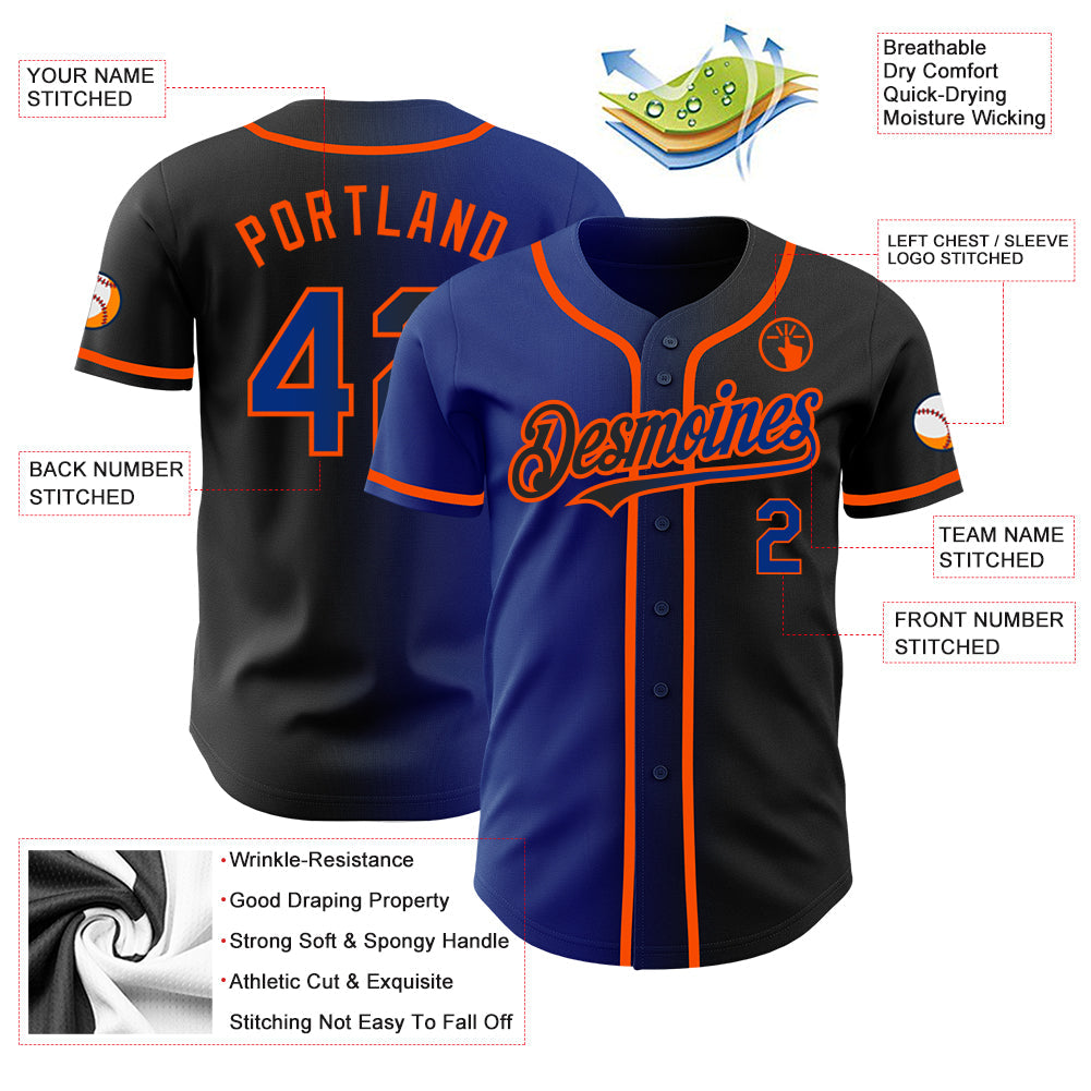 Custom Black Royal-Orange Authentic Gradient Fashion Baseball Jersey view 3